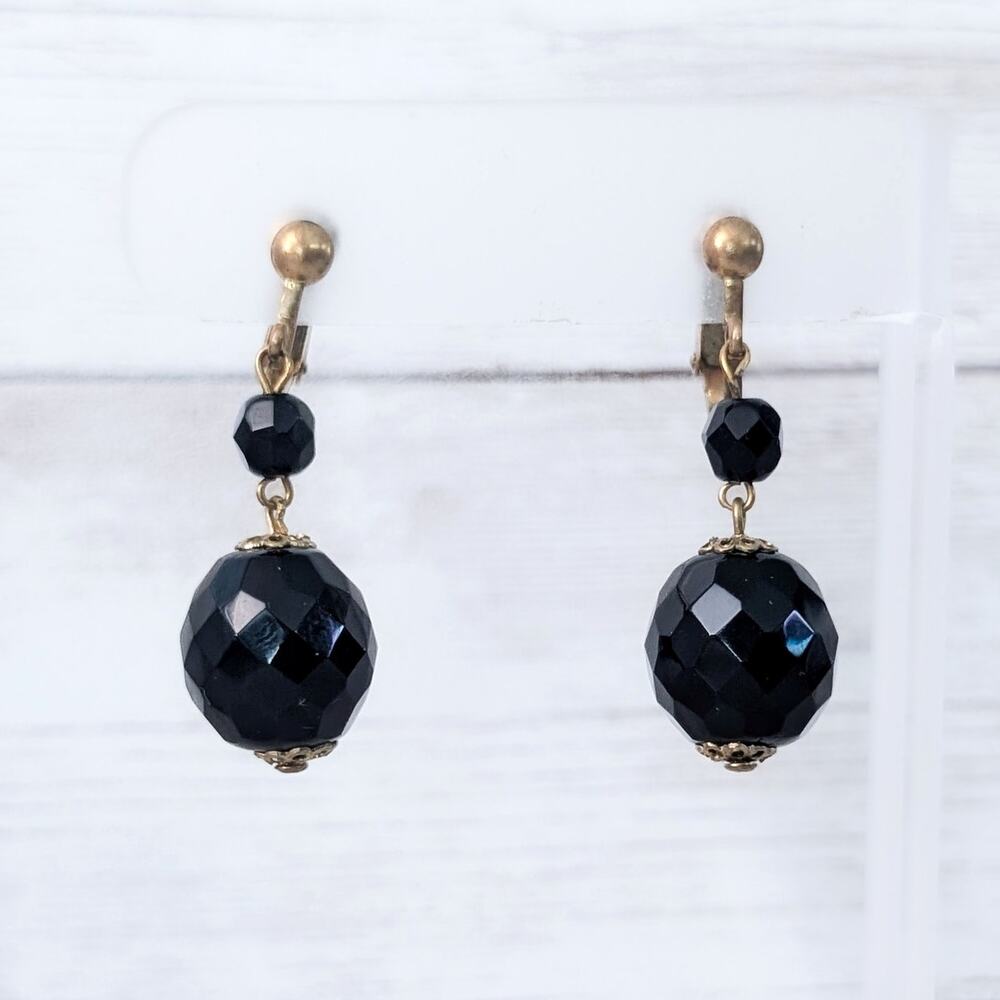 Vintage Clip On Earrings - Black Glass? Dangle Drop Earrings - Stamped Austria